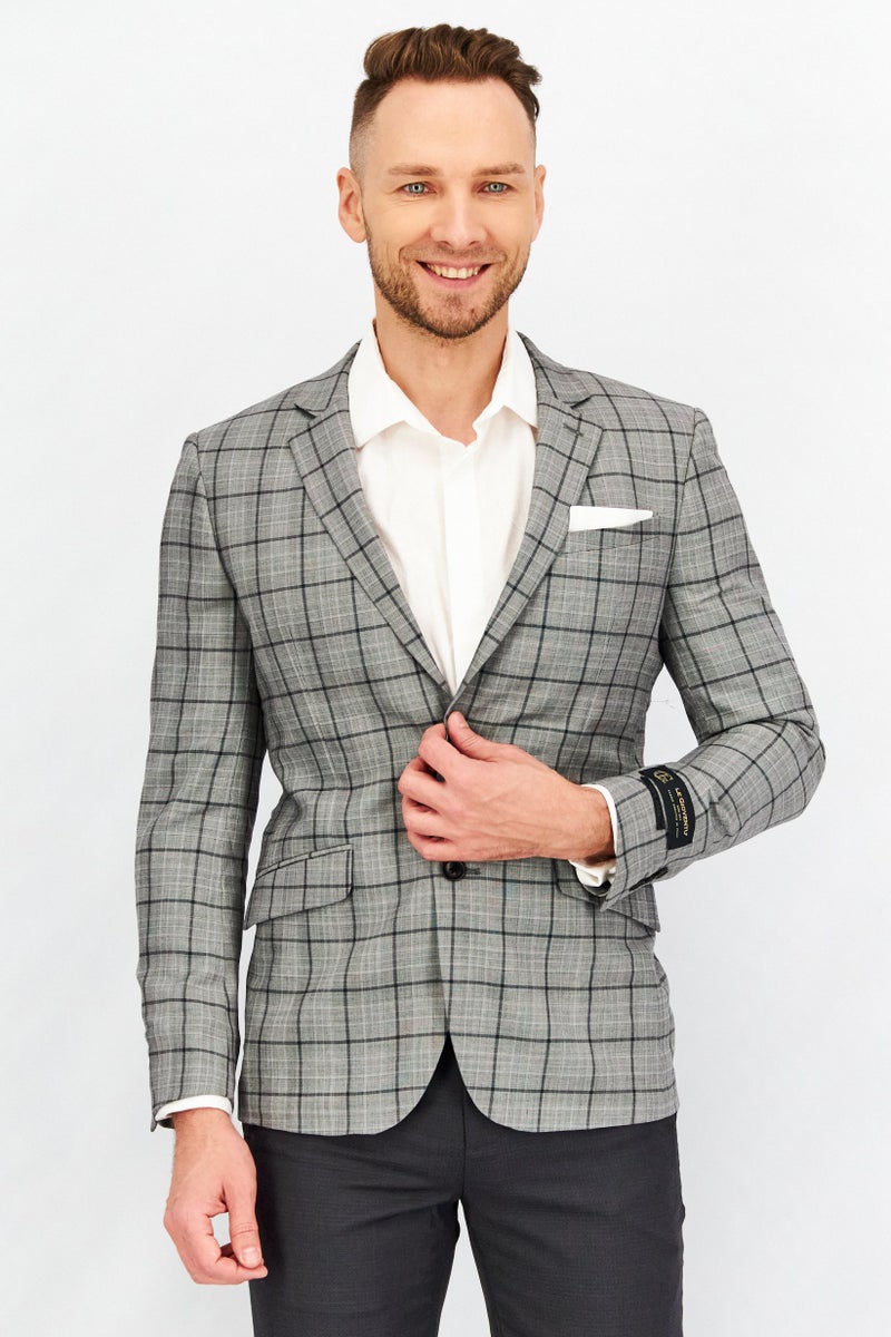 Men Slim Fit Windowpane Formal Blazer, Grey/Black