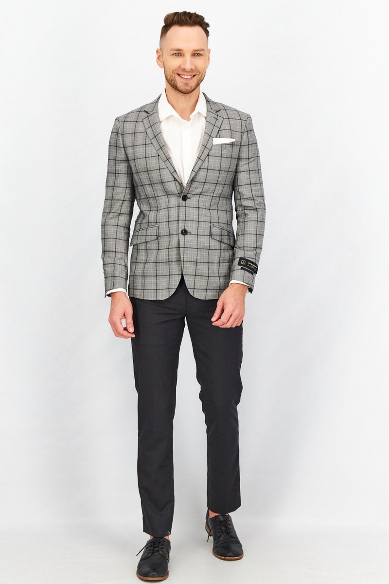 Men Slim Fit Windowpane Formal Blazer, Grey/Black