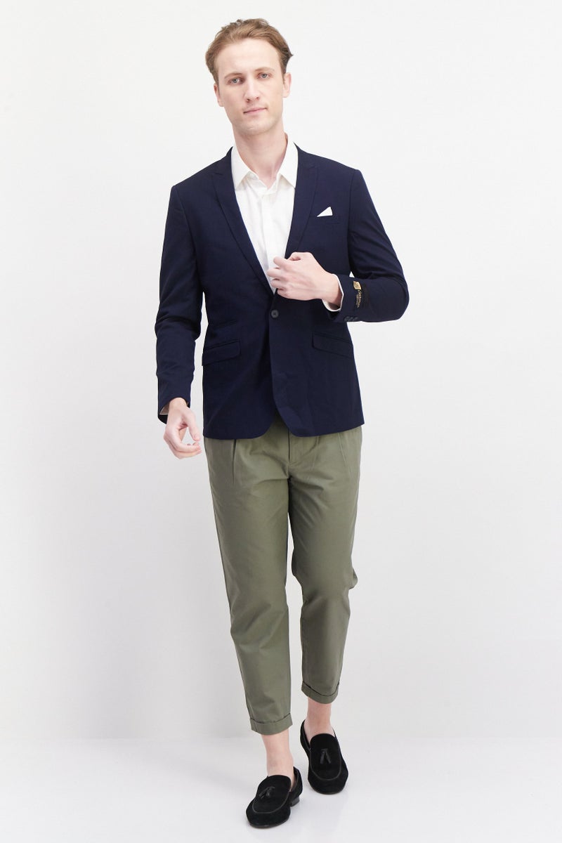 Men Slim Fit Solid Blazer, Navy