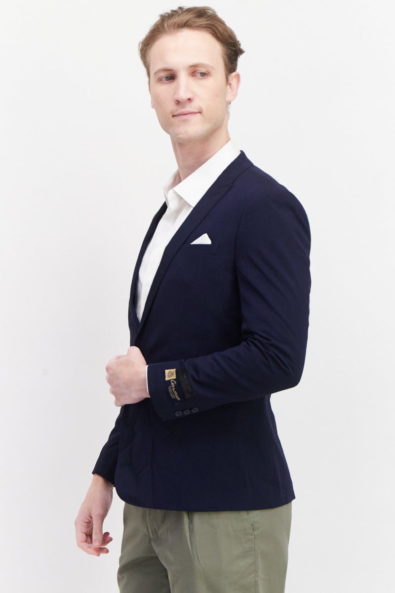 Men Slim Fit Solid Blazer, Navy