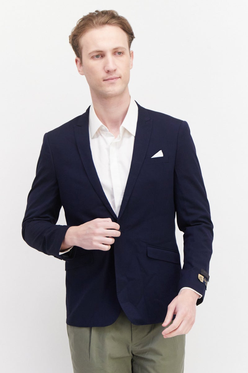 Men Slim Fit Solid Blazer, Navy