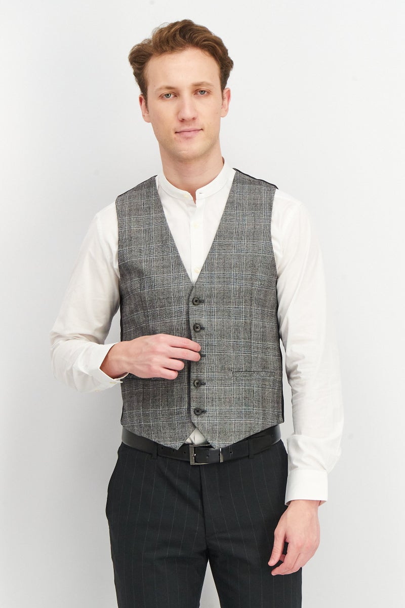 Men Regular Fit Plaid Michael Vest, Grey/Black