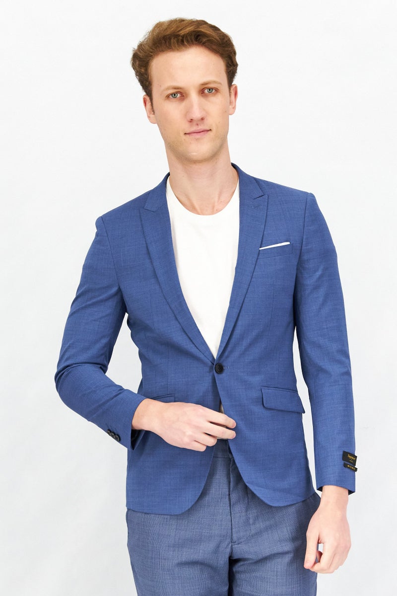 Men Slim Fit Textured Semi Formal Blazer, Blue Granite