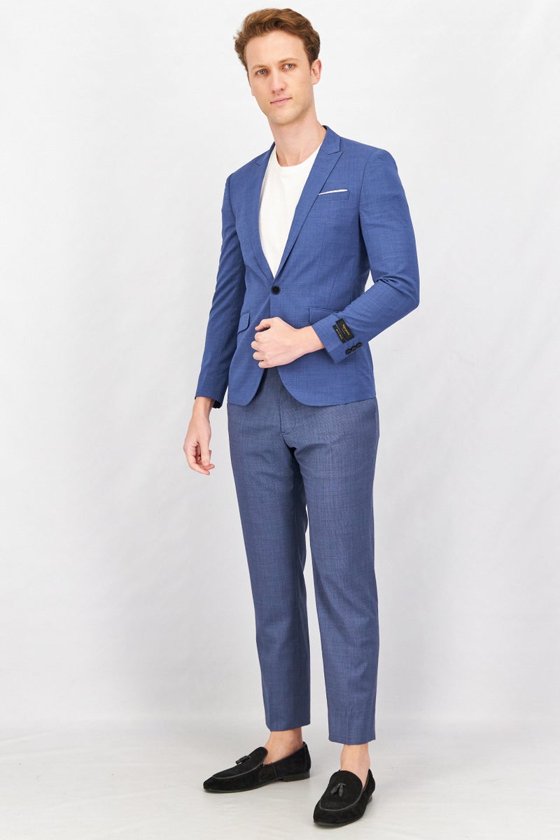 Men Slim Fit Textured Semi Formal Blazer, Blue Granite
