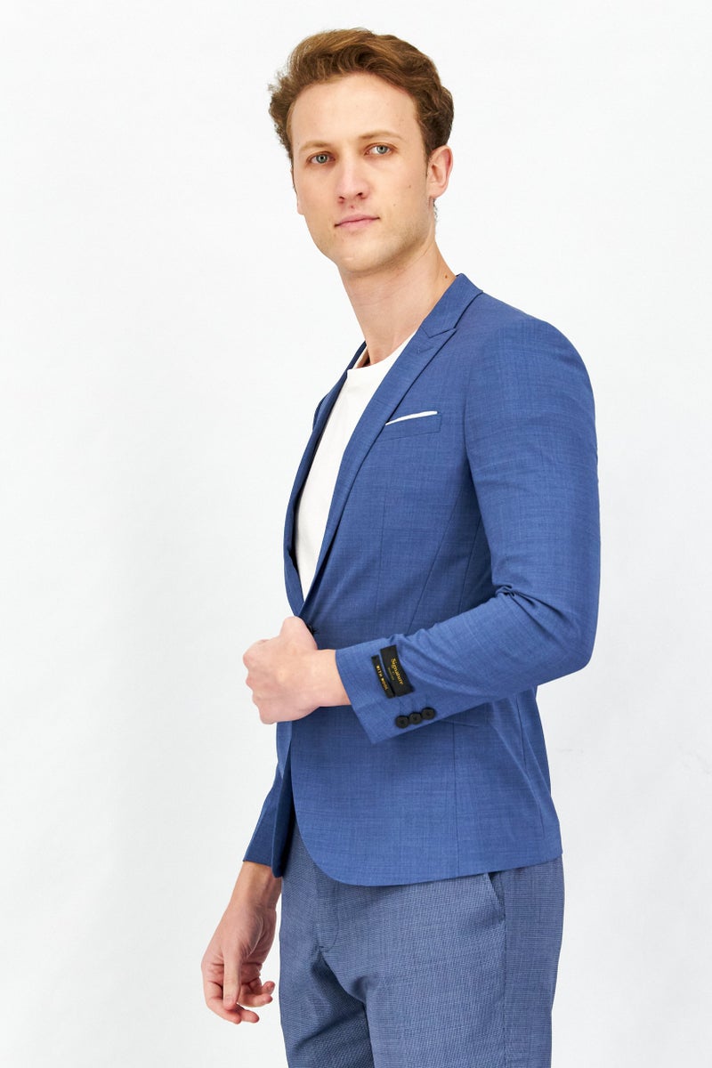 Men Slim Fit Textured Semi Formal Blazer, Blue Granite