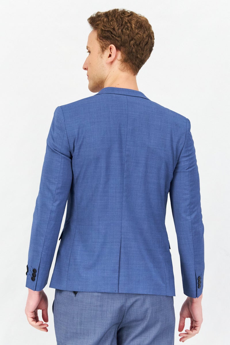 Men Slim Fit Textured Semi Formal Blazer, Blue Granite