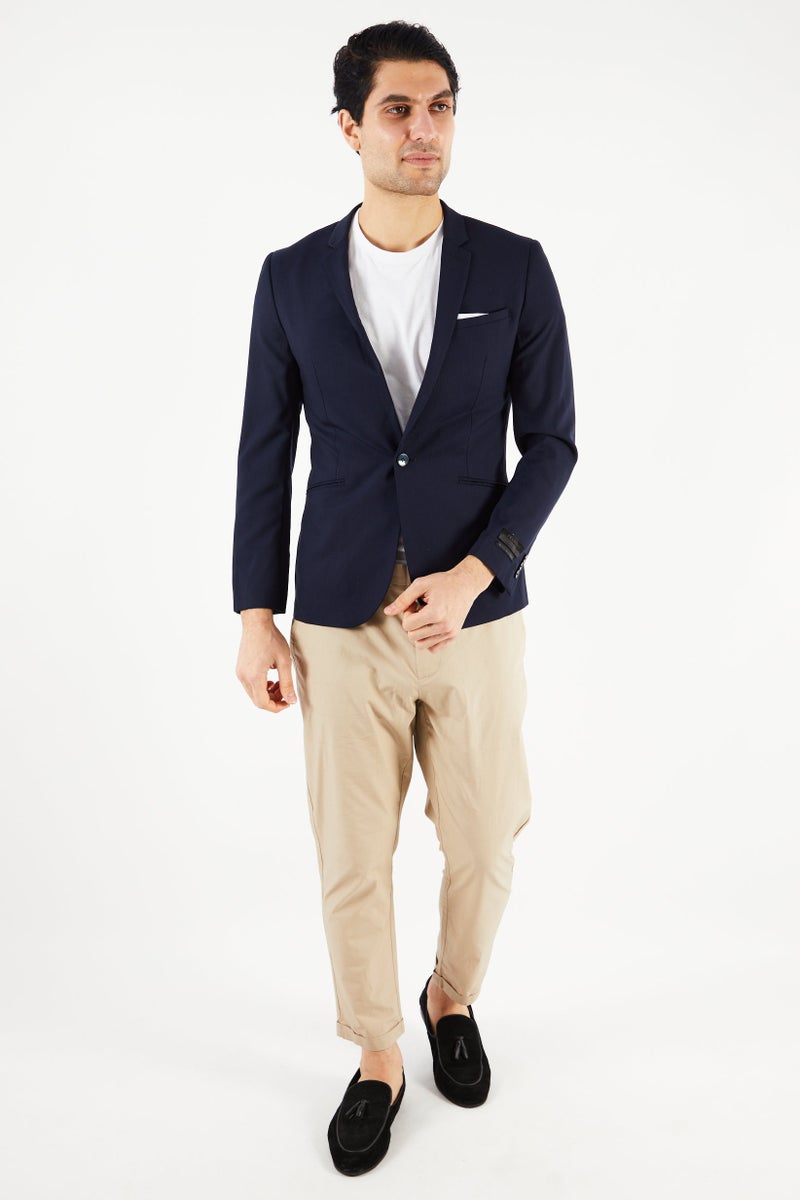 Men Slim Fit Textured Formal Blazer, Navy