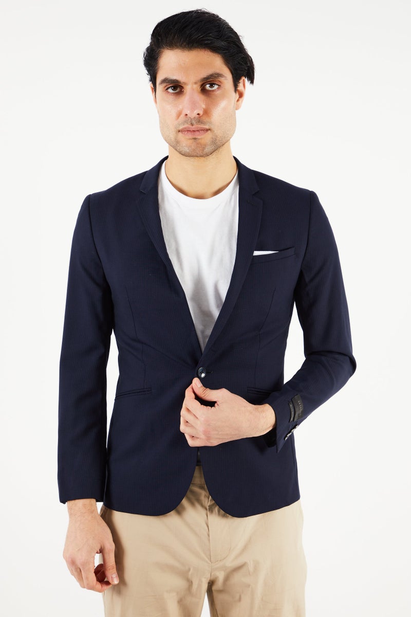 Men Slim Fit Textured Formal Blazer, Navy