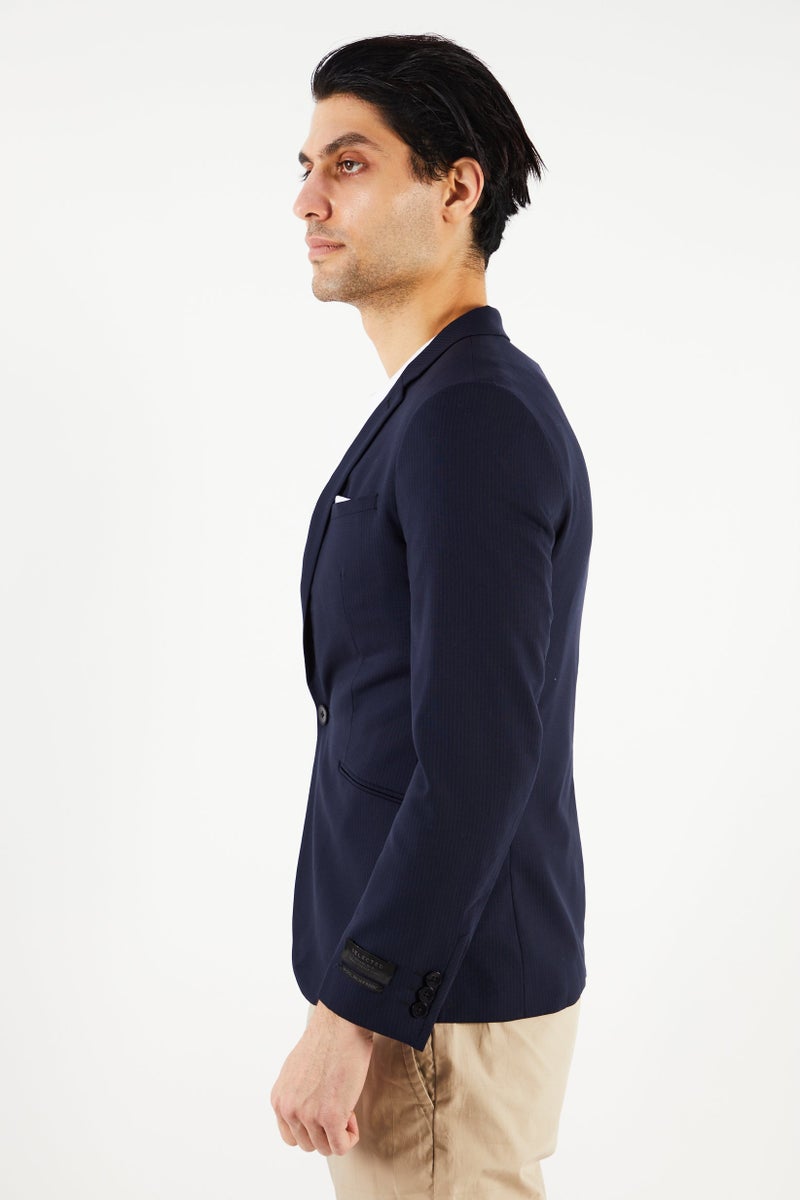 Men Slim Fit Textured Formal Blazer, Navy