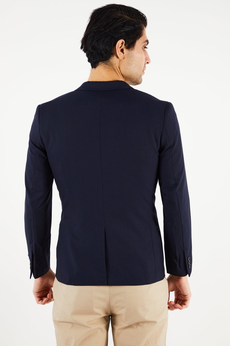 Men Slim Fit Textured Formal Blazer, Navy