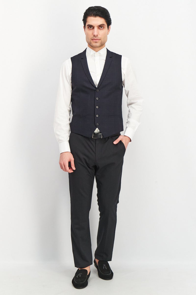 Men Regular Fit Check Arnold Waistcoat Vest, Navy