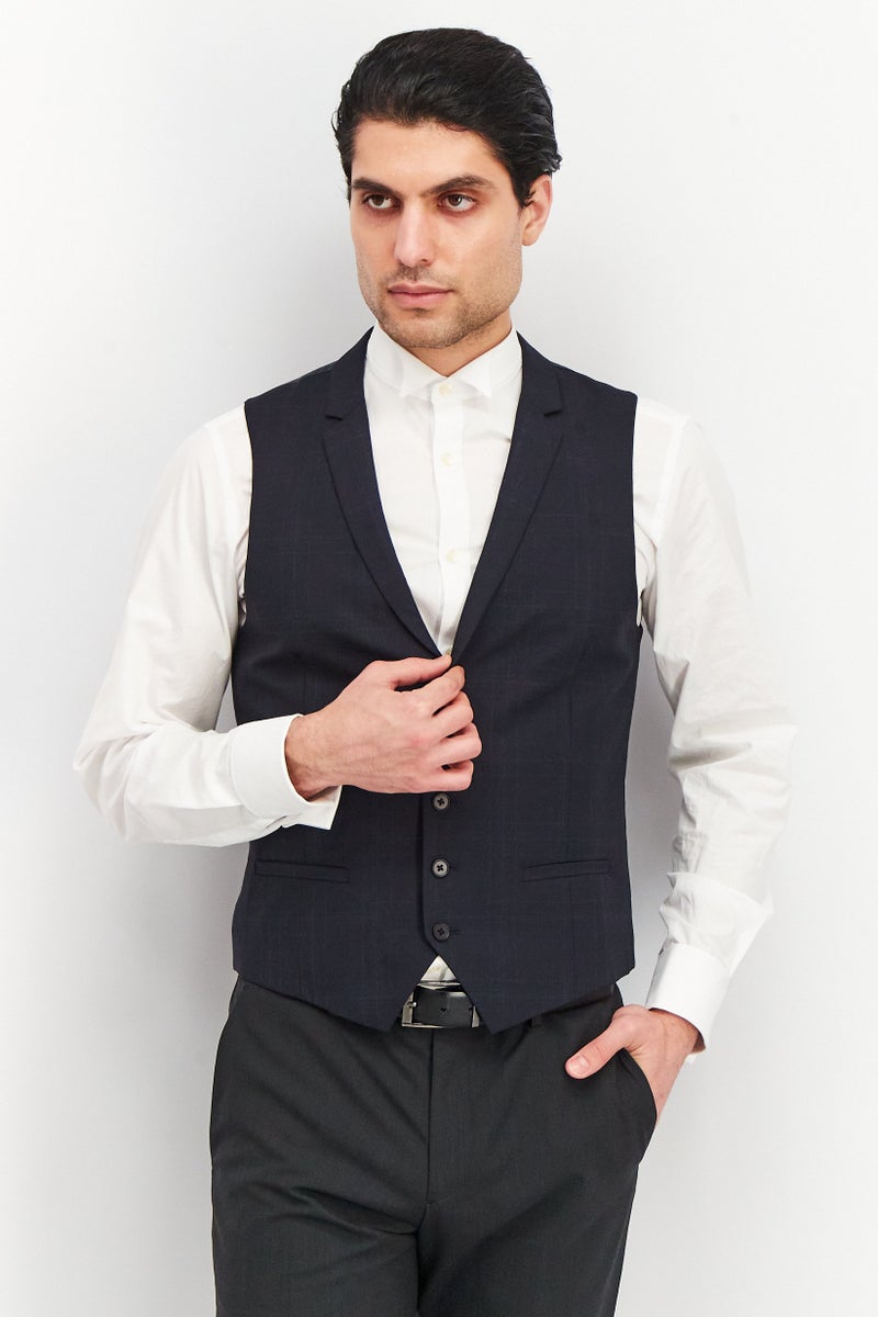 Men Regular Fit Check Arnold Waistcoat Vest, Navy