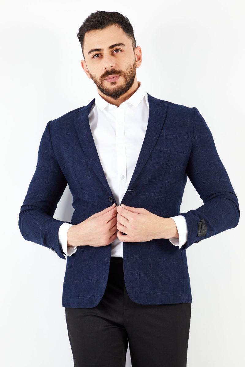 Men Slim Fit Windowpane Blazer, Midnight Blue