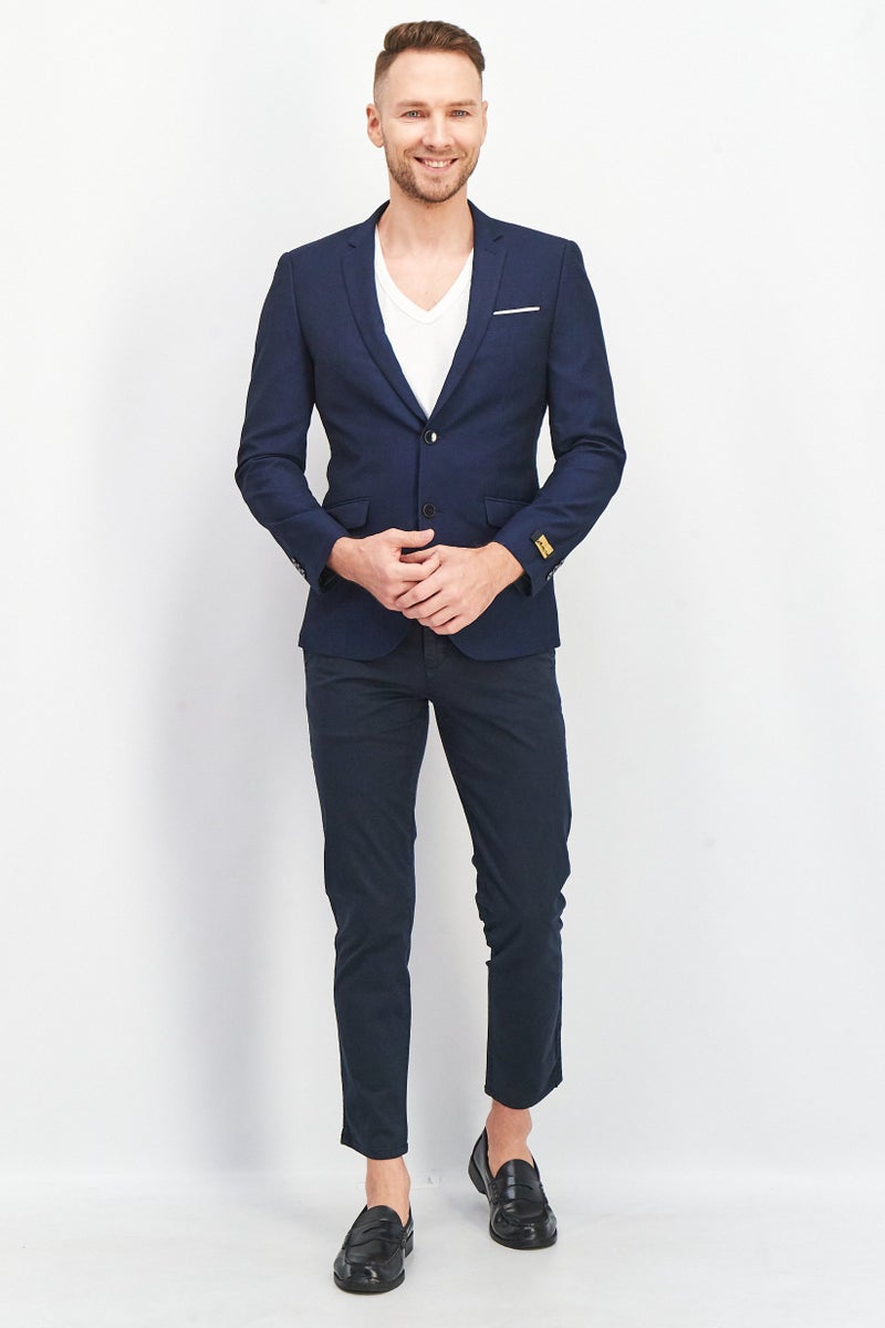 Men Regular Fit Textured Semi Formal Blazer, Navy Blue