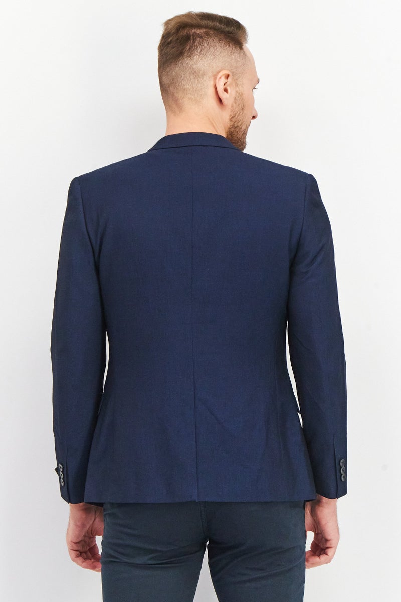 Men Regular Fit Textured Semi Formal Blazer, Navy Blue