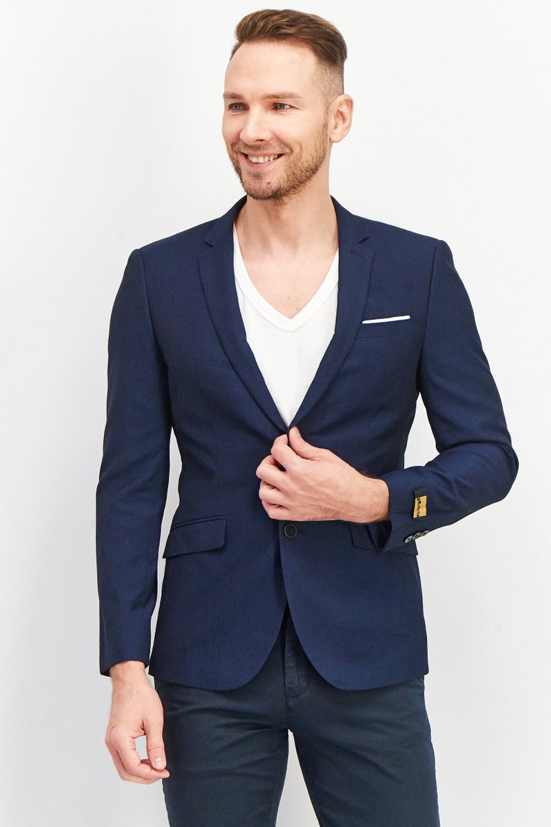 Men Regular Fit Textured Semi Formal Blazer, Navy Blue