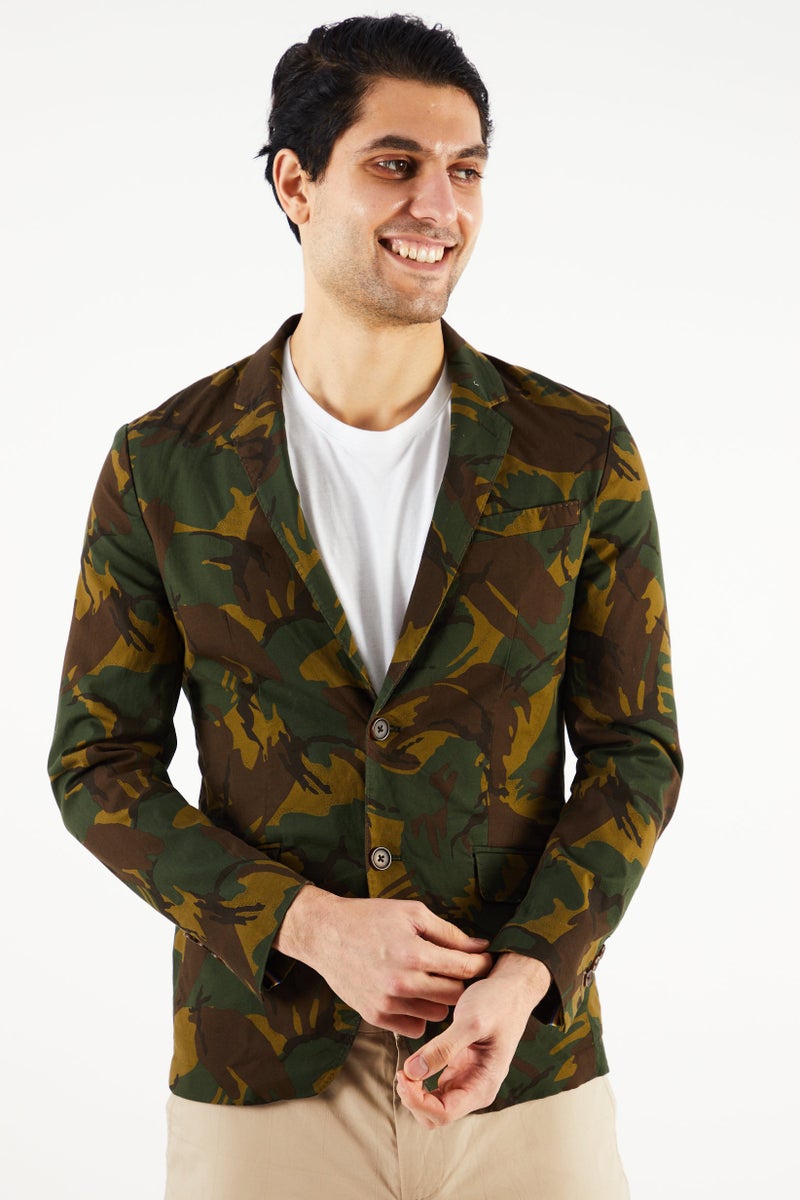 Men Regular Fit Long Sleeve Camouflage Blazer, Olive Combo