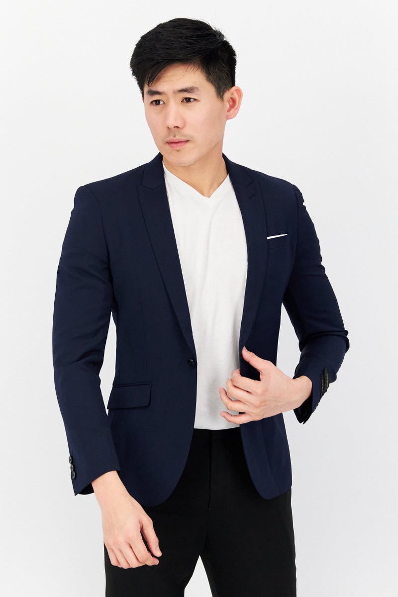 Men Slim Fit Solid Semi Formal Blazer, Navy