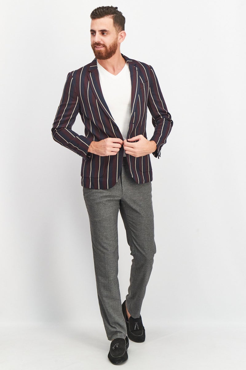 Men Slim Fit Long Sleeve Stripped Blazer Jacket, Navy/Maroon Combo