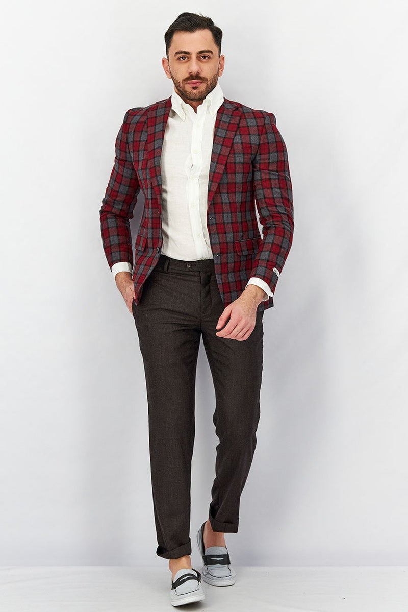 Men Notch Collar Long Sleeve Plaid Blazer, Red/Grey