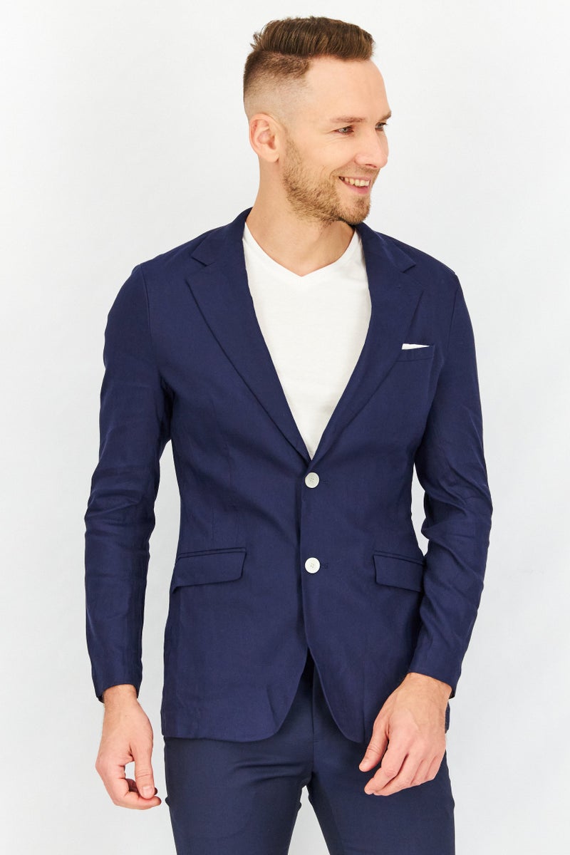 Men Slim Fit Solid Formal Blazer, Navy