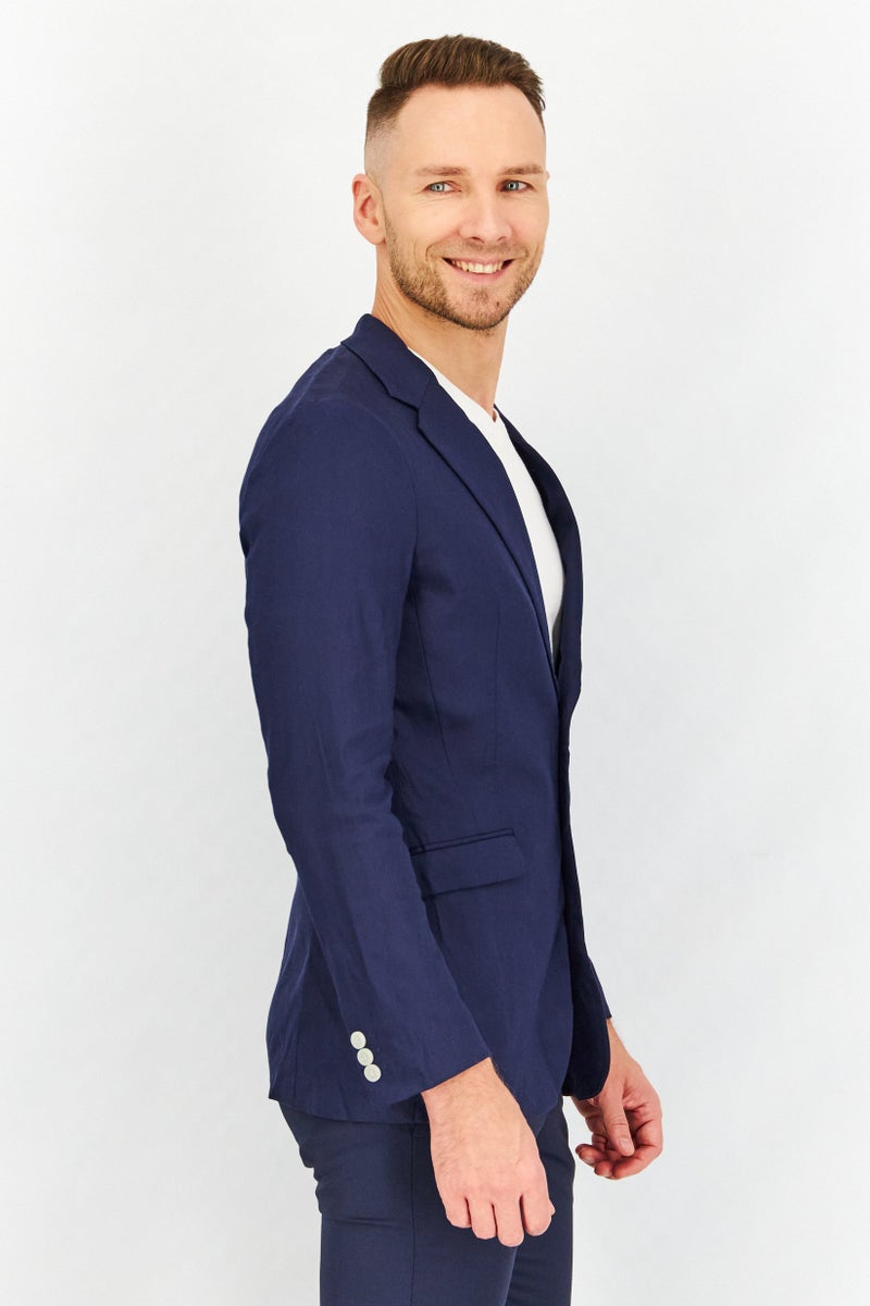 Men Slim Fit Solid Formal Blazer, Navy