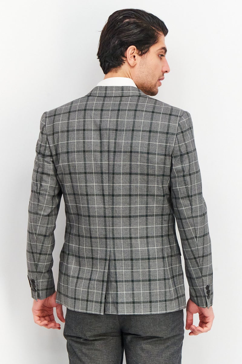 Men Regular Fit Plaid Casual Blazer, Grey