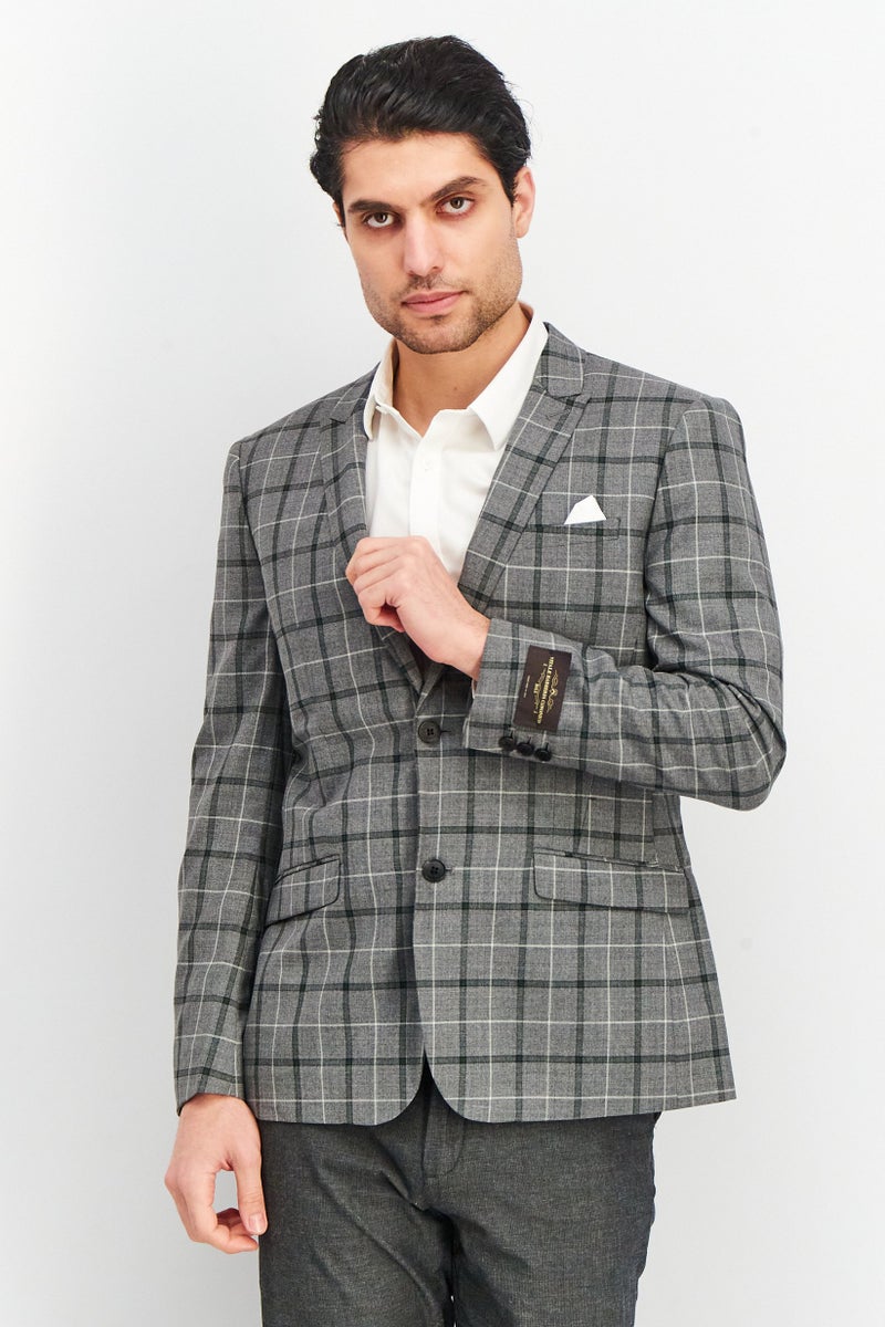 Men Regular Fit Plaid Casual Blazer, Grey