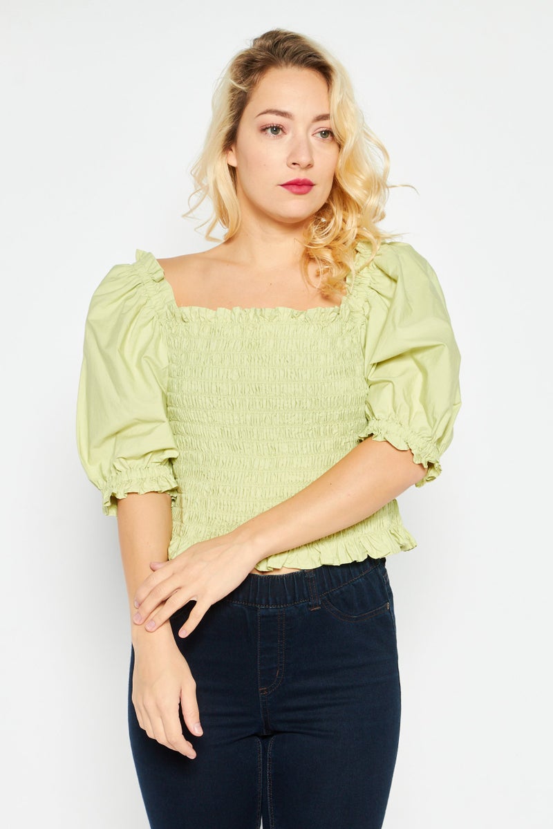 Women Ruffle Neck Short Sleeve Plain Top, Light Green