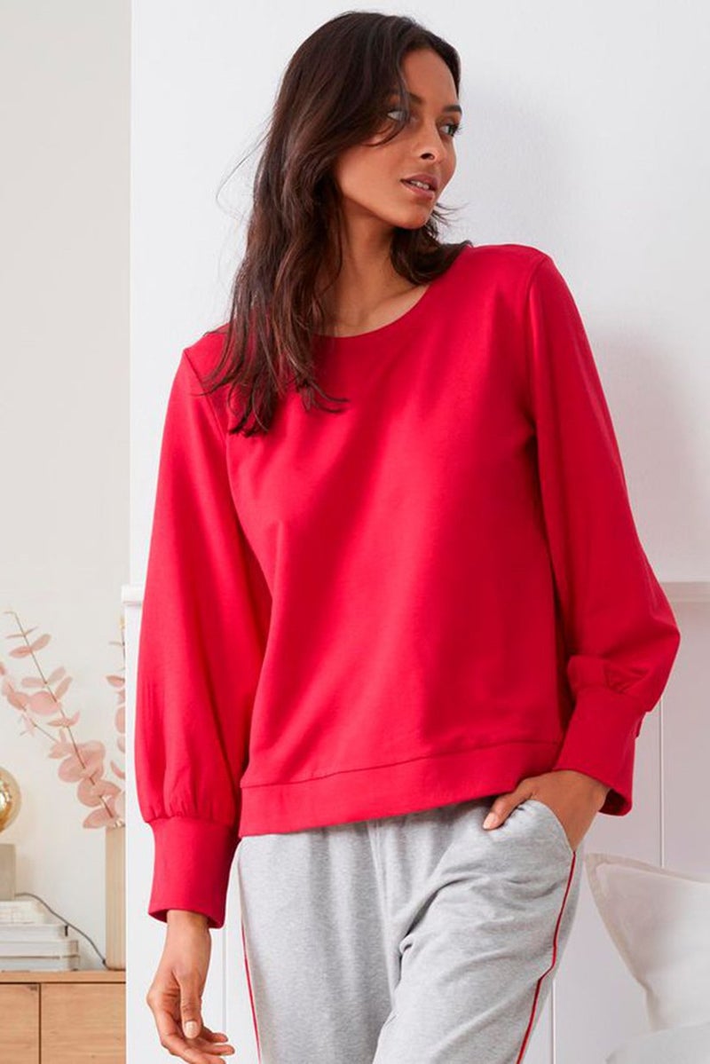 Women Crew Neck Long Sleeves Plain Shirt, Red