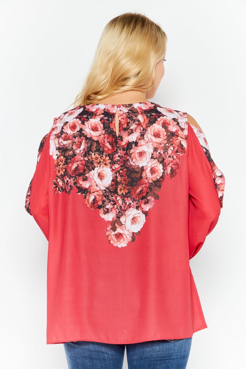 Women Cold Shoulder Long Sleeve Floral Blouse, Red/Black