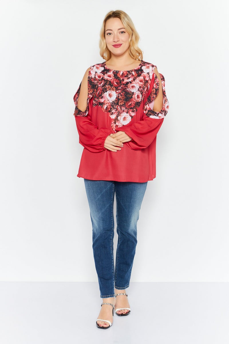 Women Cold Shoulder Long Sleeve Floral Blouse, Red/Black