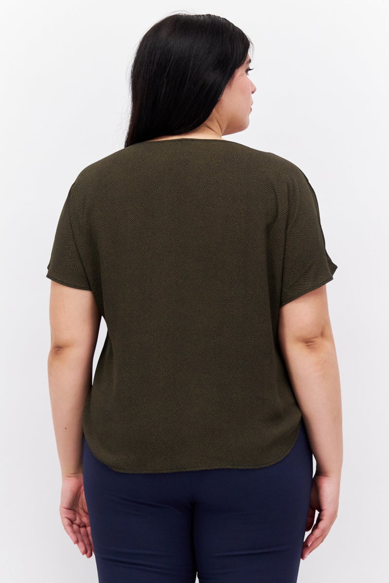 Women Plus Size Boot Neck Short Sleeve Printed Blouse, Dark Olive