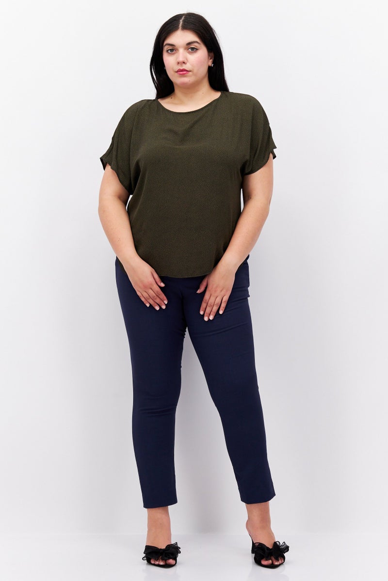 Women Plus Size Boot Neck Short Sleeve Printed Blouse, Dark Olive