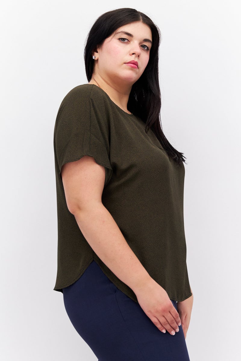 Women Plus Size Boot Neck Short Sleeve Printed Blouse, Dark Olive