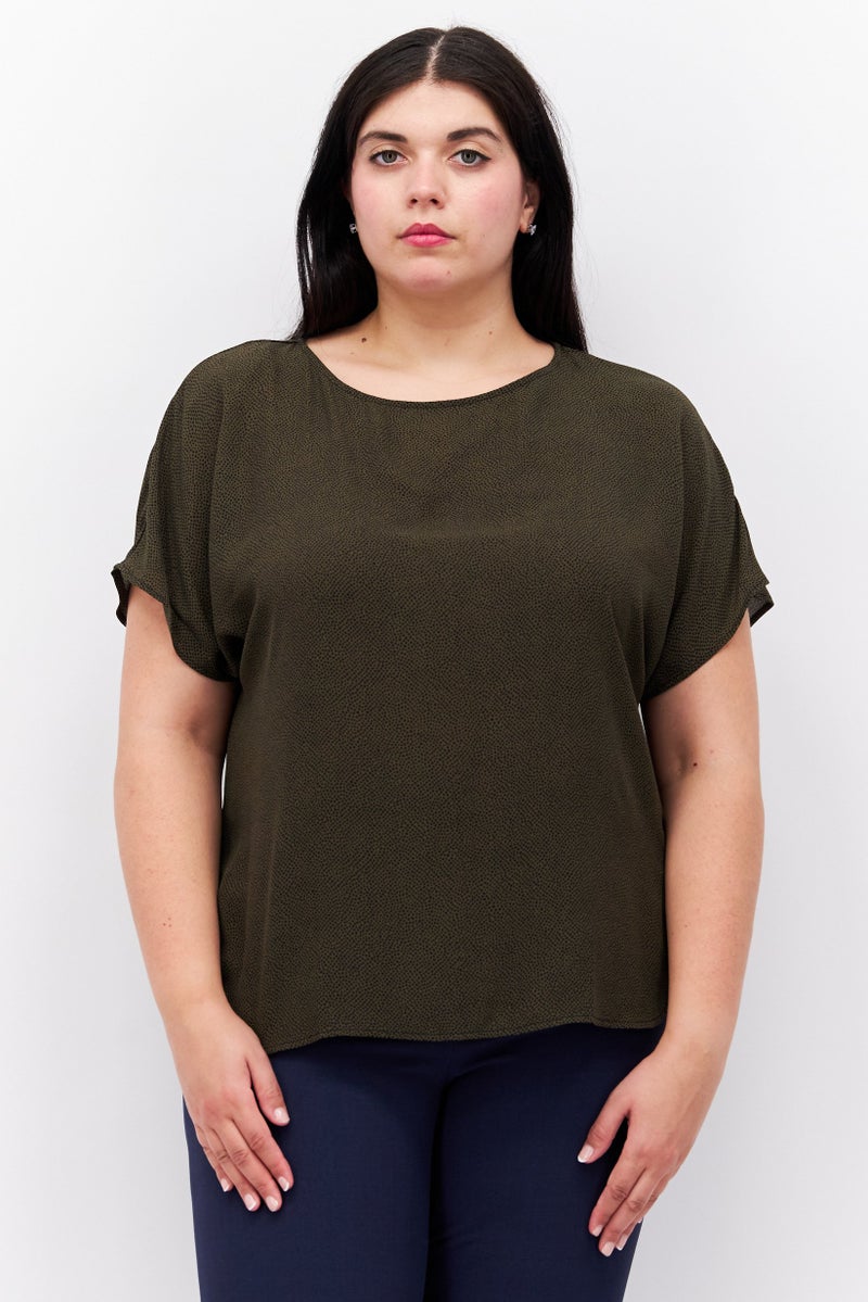 Women Plus Size Boot Neck Short Sleeve Printed Blouse, Dark Olive