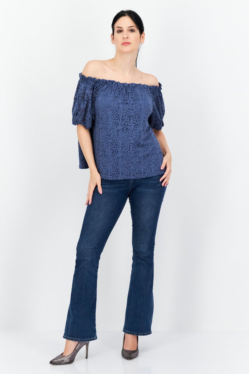 Women Off Shoulder Puffed Sleeves Textured Top, Slate Blue
