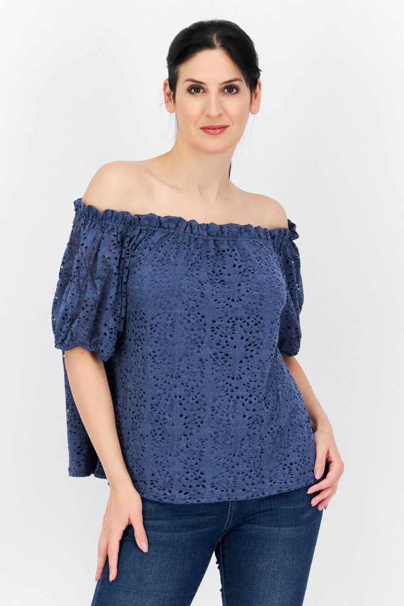 Women Off Shoulder Puffed Sleeves Textured Top, Slate Blue