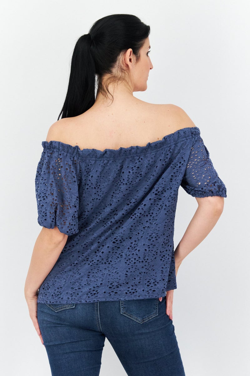 Women Off Shoulder Puffed Sleeves Textured Top, Slate Blue