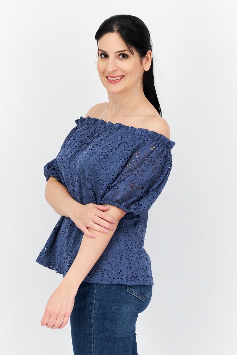 Women Off Shoulder Puffed Sleeves Textured Top, Slate Blue