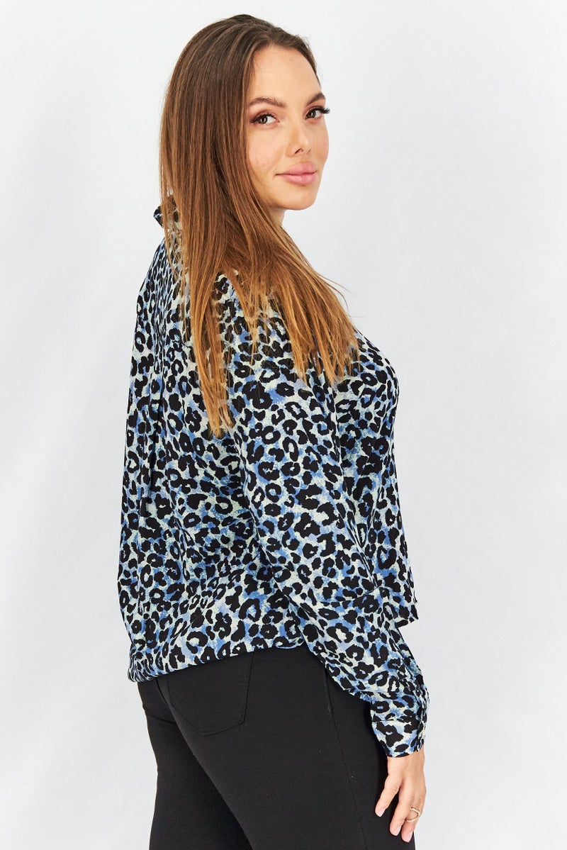 Women Spread Collar Long Sleeves Printed Blouse, Blue