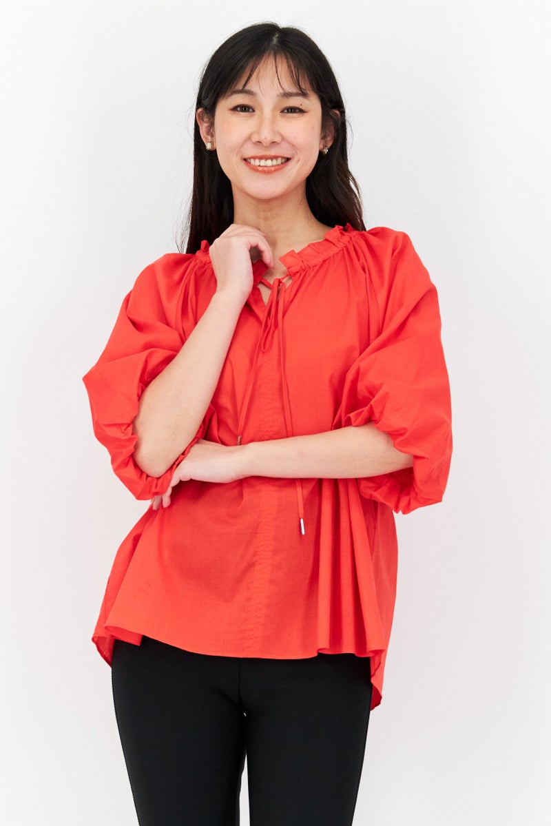 Women Tie Neck 3/4 Sleeves Plain Top, Red