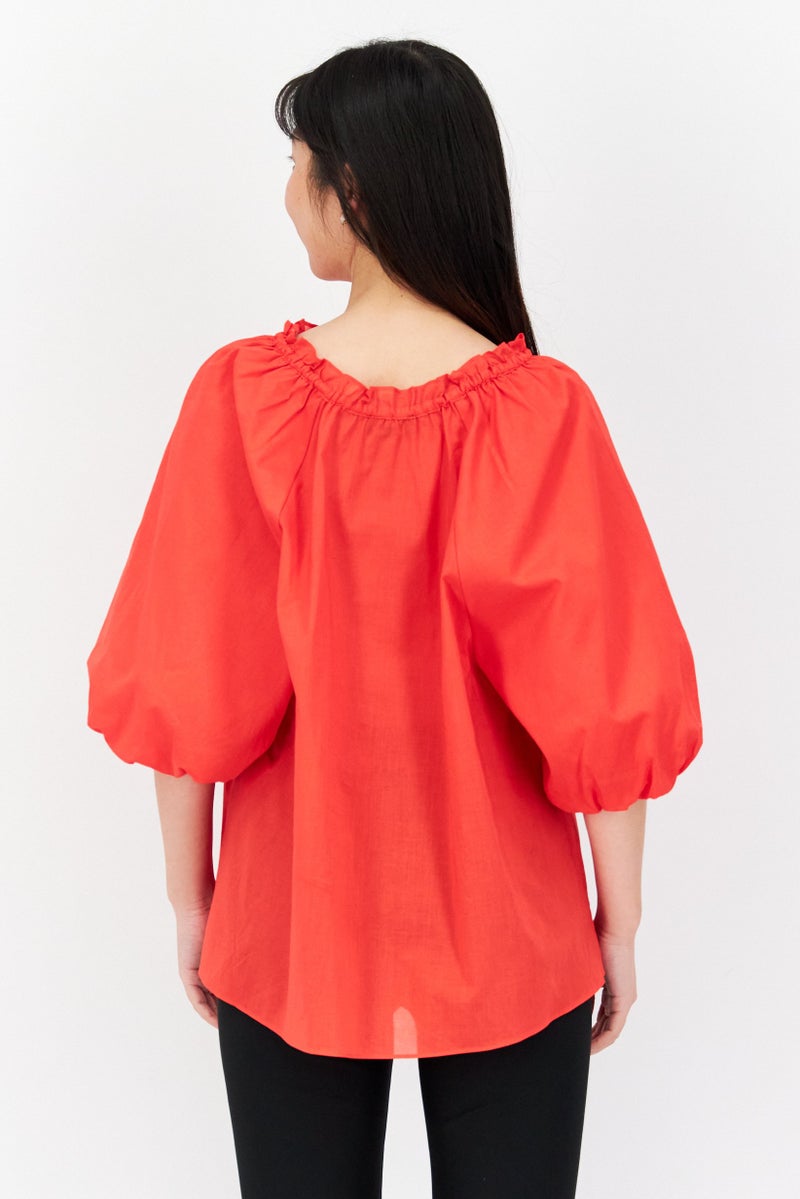 Women Tie Neck 3/4 Sleeves Plain Top, Red