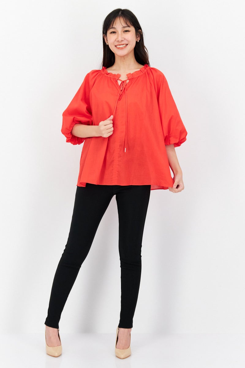 Women Tie Neck 3/4 Sleeves Plain Top, Red