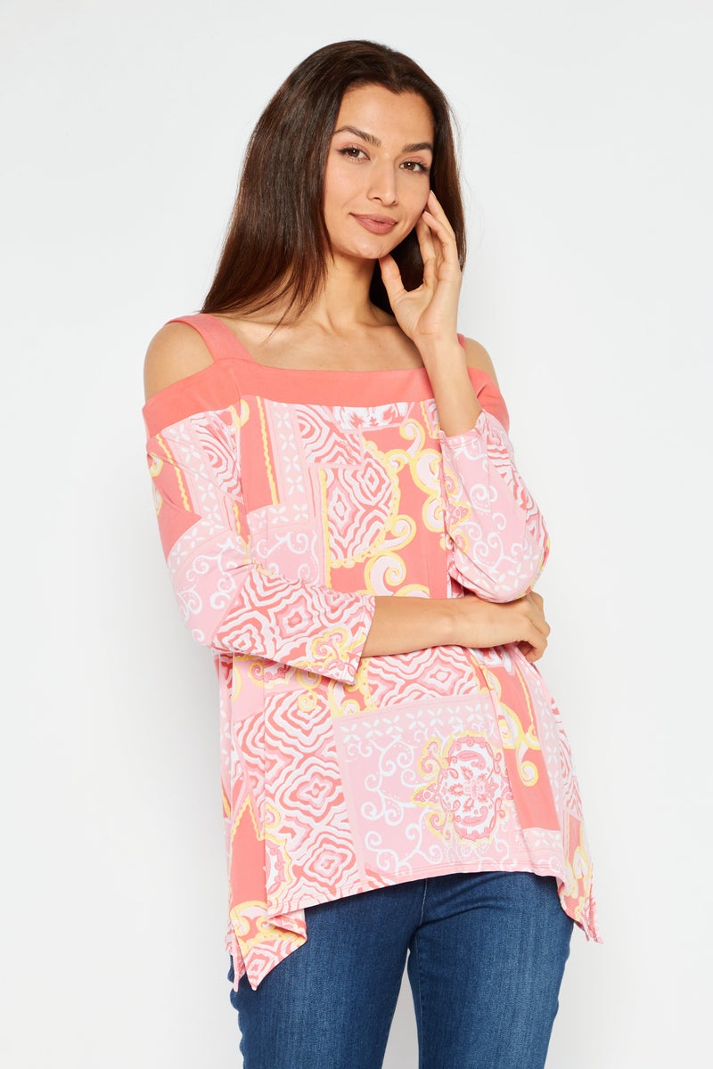 Women Square Neck Cold Shoulder Allover Print Shirt, Coral