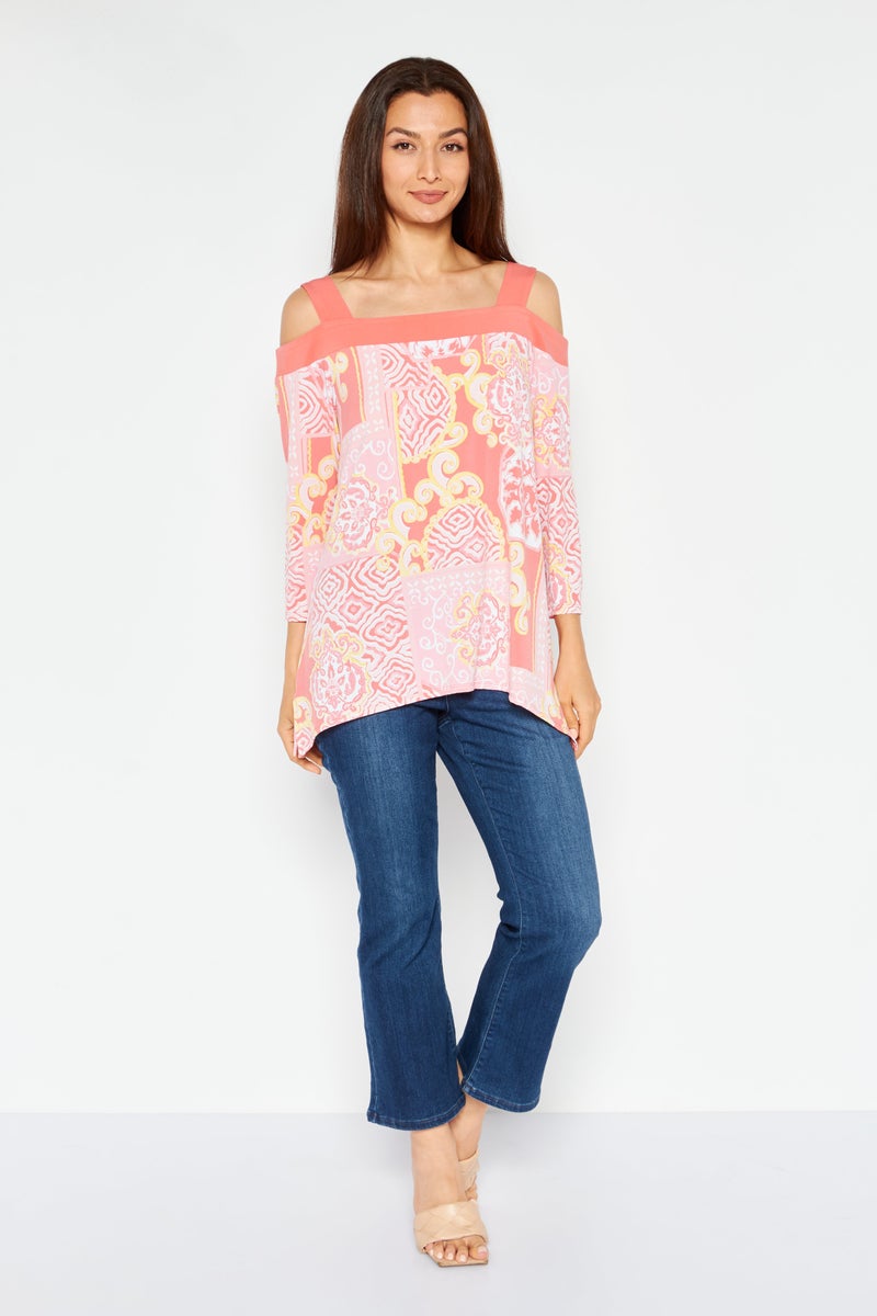 Women Square Neck Cold Shoulder Allover Print Shirt, Coral