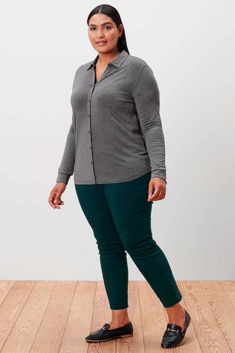 Women Spread Collar Long Sleeve Heather Shirt, Grey