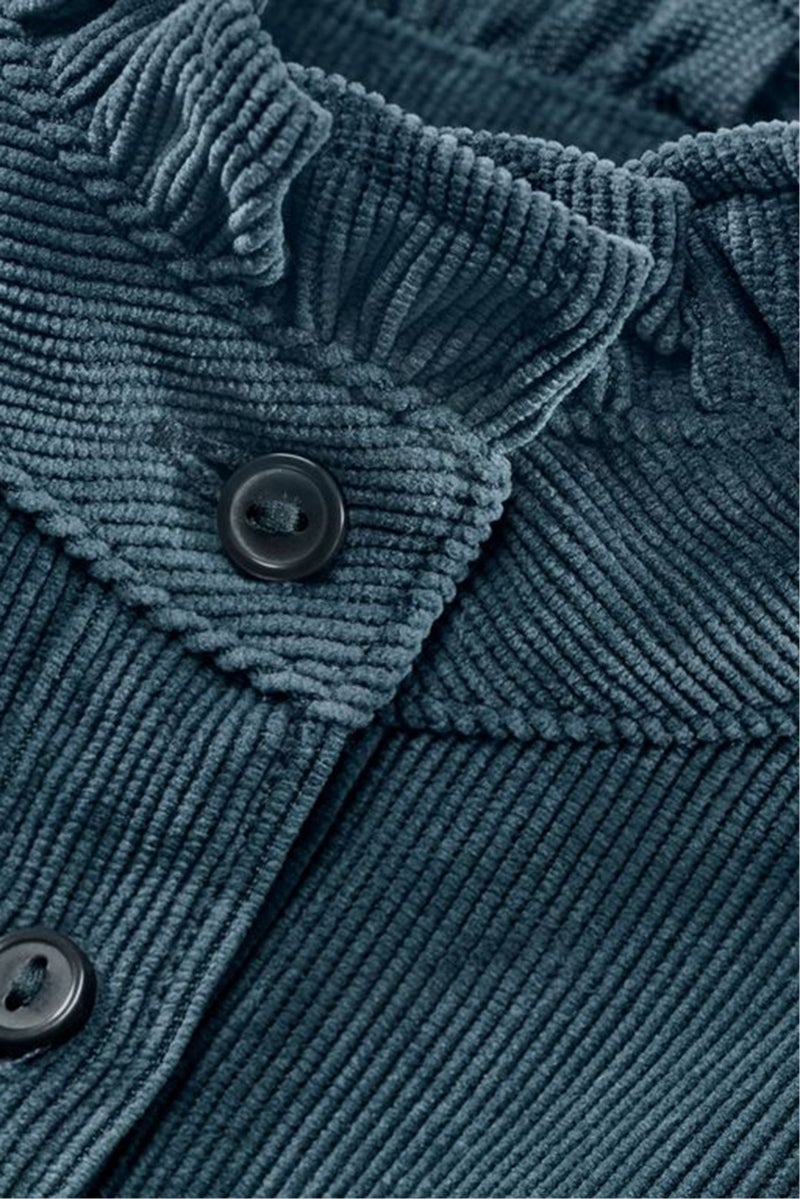 Women Ruffle Neck Long Sleeve Corduroy Blouse, Teal Blue