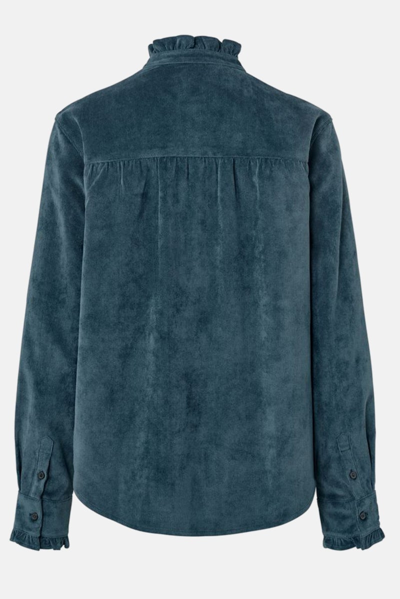 Women Ruffle Neck Long Sleeve Corduroy Blouse, Teal Blue