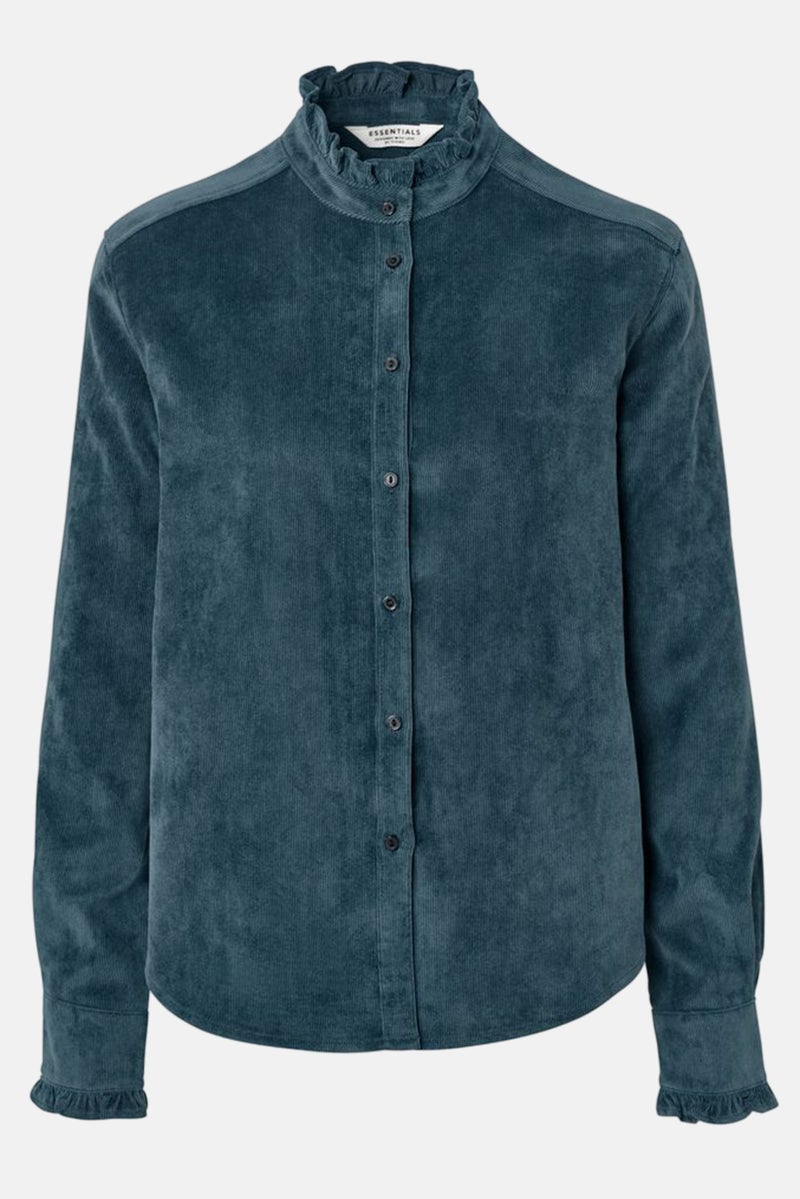 Women Ruffle Neck Long Sleeve Corduroy Blouse, Teal Blue